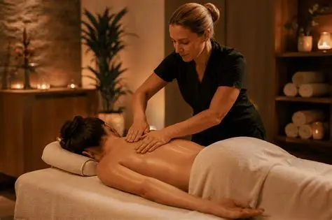 Kundin erhält eine Ganzkörpermassage in ruhiger Spa-Atmosphäre